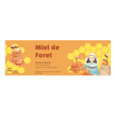 Étiquette autocollante personnalisée miel de forêt avec dessin aquarelle