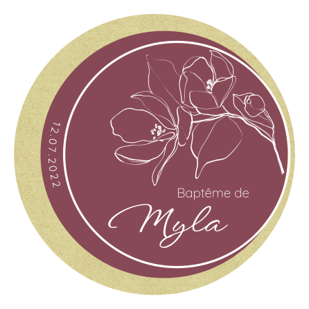 Étiquette personnalisée autocollante baptême ronde rouge et fleur stylisée