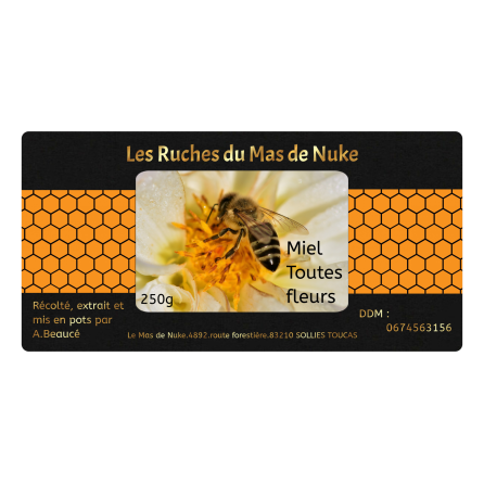 Étiquette personnalisée autocollante miel avec abeille et alvéoles