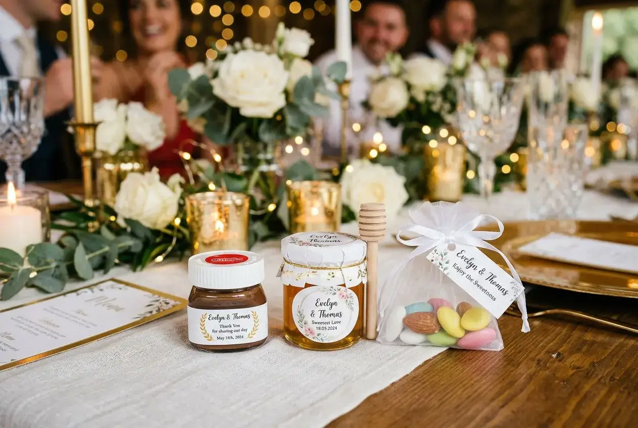 Etichetta matrimonio personalizzata: bottiglie e vasetti decorati con etichette personalizzate su un tavolo di ricevimento, catene luminose e fiori bianchi sullo sfondo.