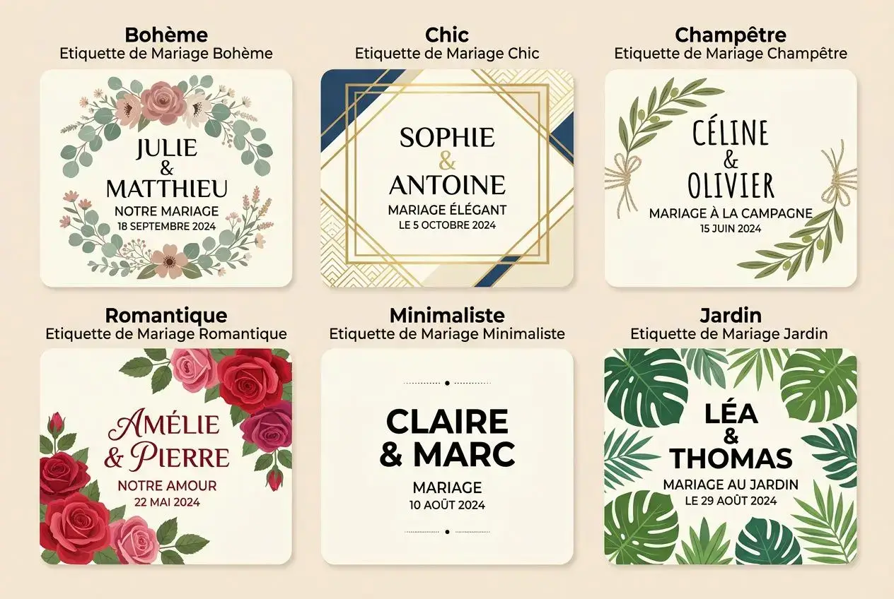 Etiqueta de boda personalizada con nombre y fecha sobre fondo floral y motivos geométricos, modelo chic y elegante.