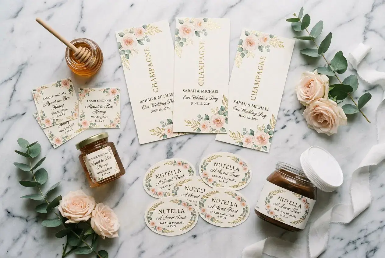Etiquetas y etiquetas de boda personalizadas en papel floral, tarros y miel, decoración romántica para regalos de invitados.