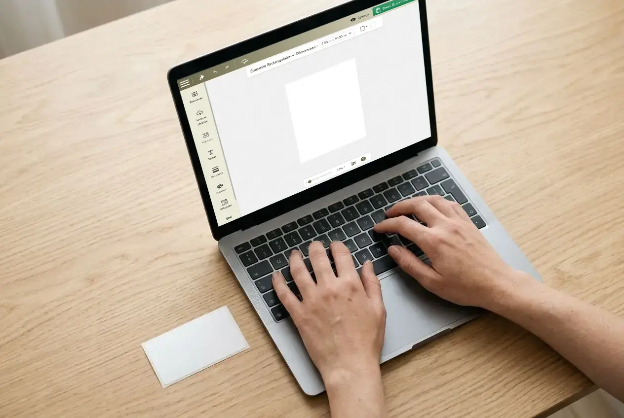 Person, die einen Laptop auf einem Holztisch verwendet und Etiketten mit auf dem Bildschirm angezeigten Formen und Vorlagen erstellt. Integration des Keywords: Anwendung zum Erstellen von Etiketten.