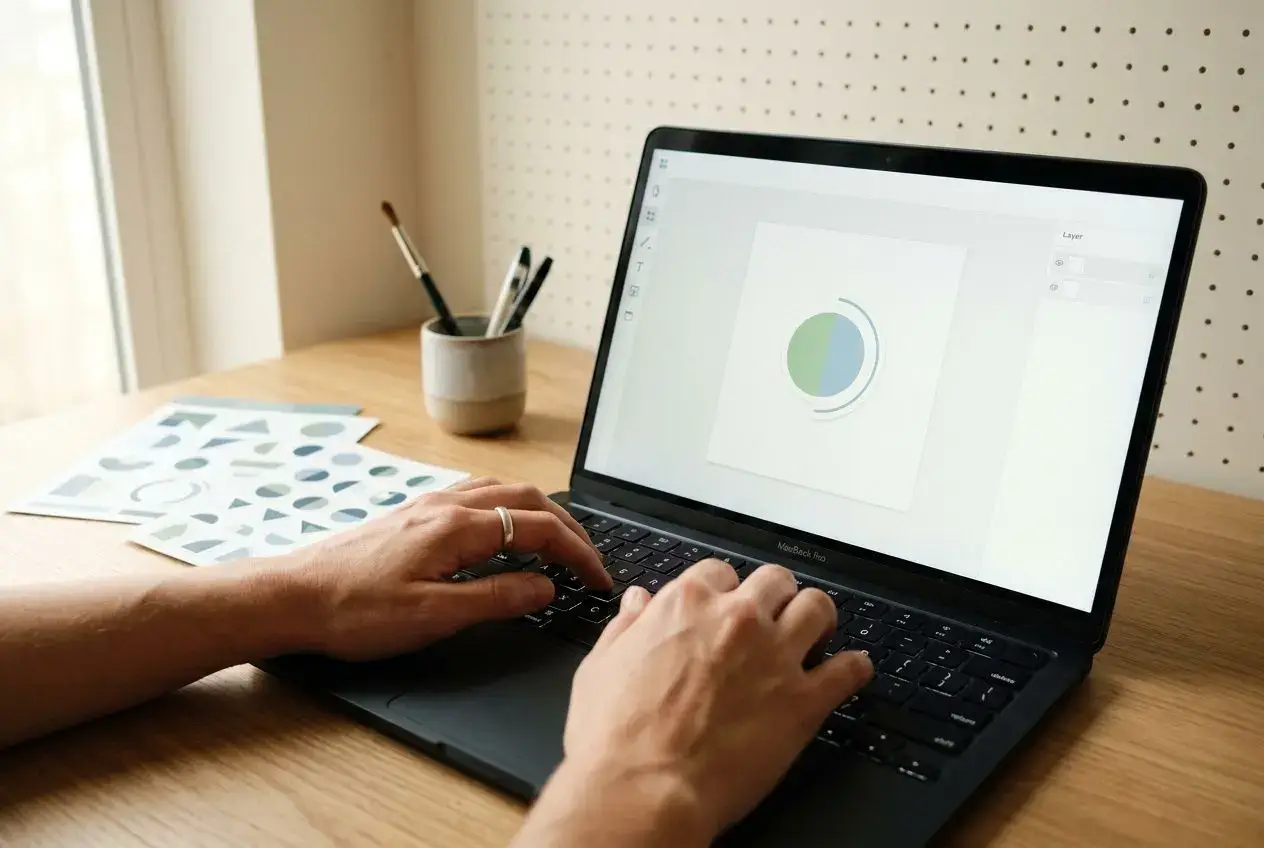 Person, die auf einem Laptop tippt, mit druckbaren Aufklebern und daneben sichtbaren Grafikvorlagen.