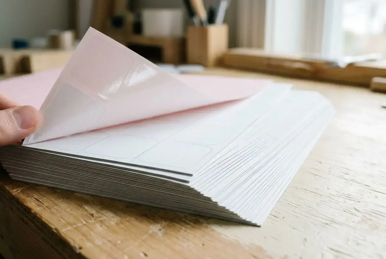 Stapel selbstklebender Papierbögen auf einem Holztisch, eine Hand hebt einen der Bögen leicht an. Bedruckbare Aufkleber.