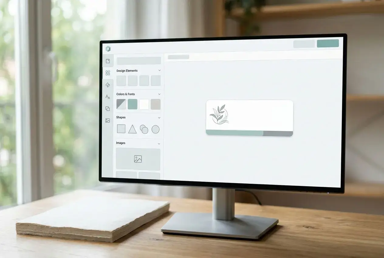 Person vor einem Computerbildschirm mit einer Etiketten-Designsoftware, mit Designelementen auf der linken Seite und einem stilisierten Etikett in der Mitte. Behandelt das Thema „Wie erstellt man personalisierte Etiketten in Word?“ und schlägt eine Online-Alternative vor.