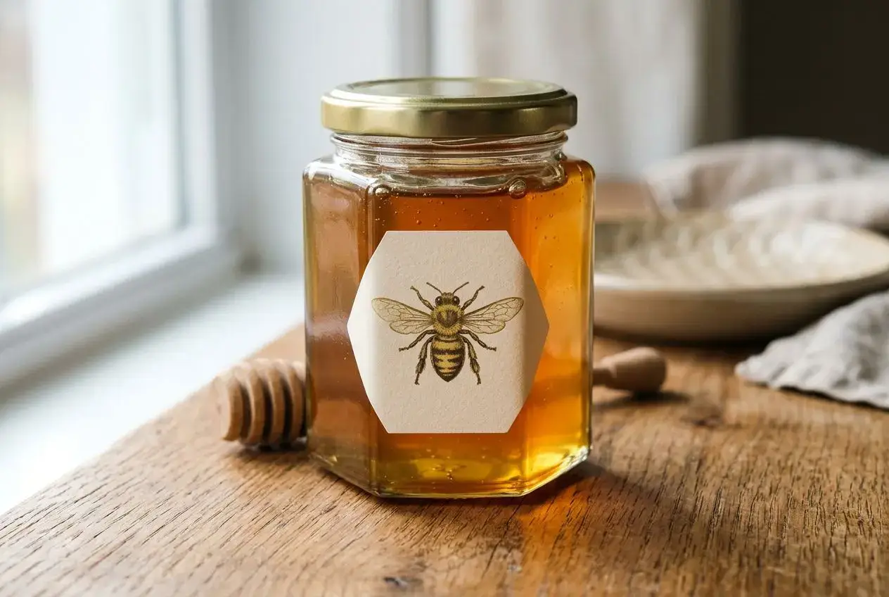 Beekeeper sticker label on a hexagonal honey jar, bee design printed on a round white label, glass jar with a gold lid.