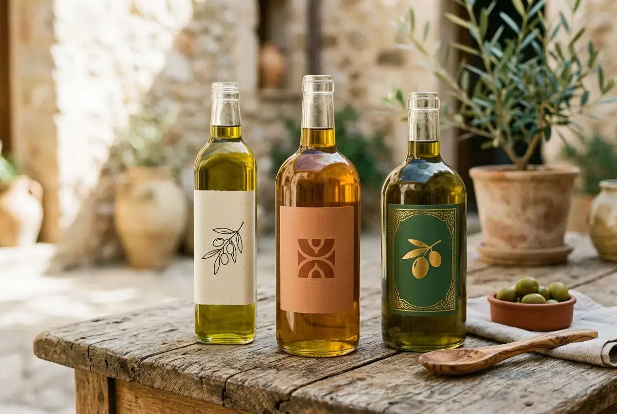 Tres botellas de aceite de oliva sobre una mesa de madera, con etiquetas de diseño variadas, rodeadas de olivos en maceta y aceitunas. Ideas de diseño de etiquetas para aceite artesanal