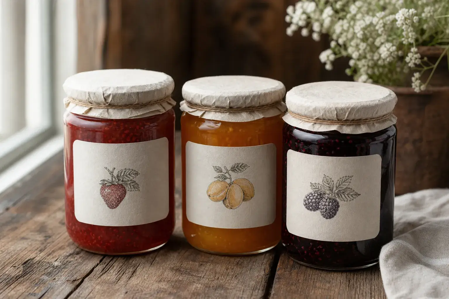 Tres tarros de mermelada casera con etiquetas en blanco ilustradas con frutas (fresas, albaricoques, moras) sobre una superficie de madera. Etiqueta para mermelada casera disponible.