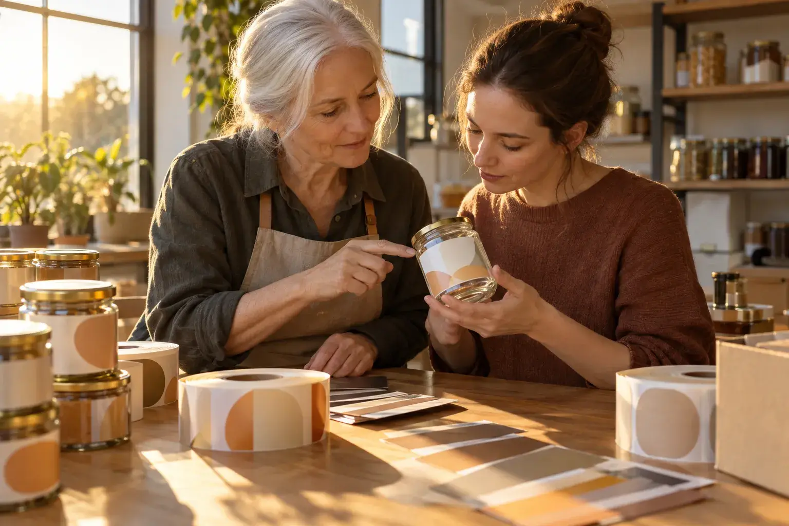 Twee vrouwen rond een werkbank bekijken een etiket op de voorkant van een doos, met andere etiketten en rollen met stanswerk op maat zichtbaar. gepersonaliseerde etiketten op maat gesneden