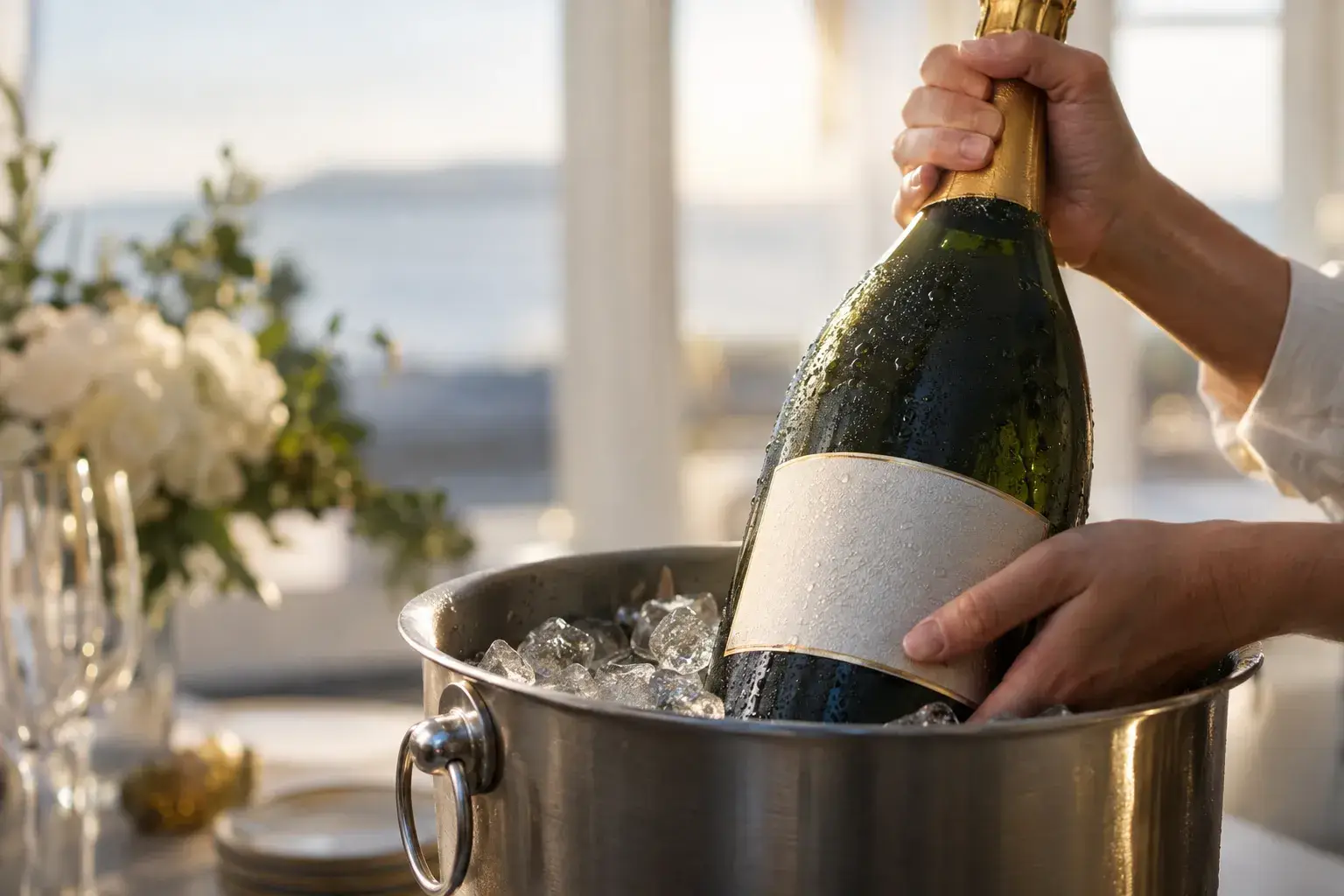 Persona che tiene una bottiglia di champagne sul ghiaccio in un secchiello per il ghiaccio.