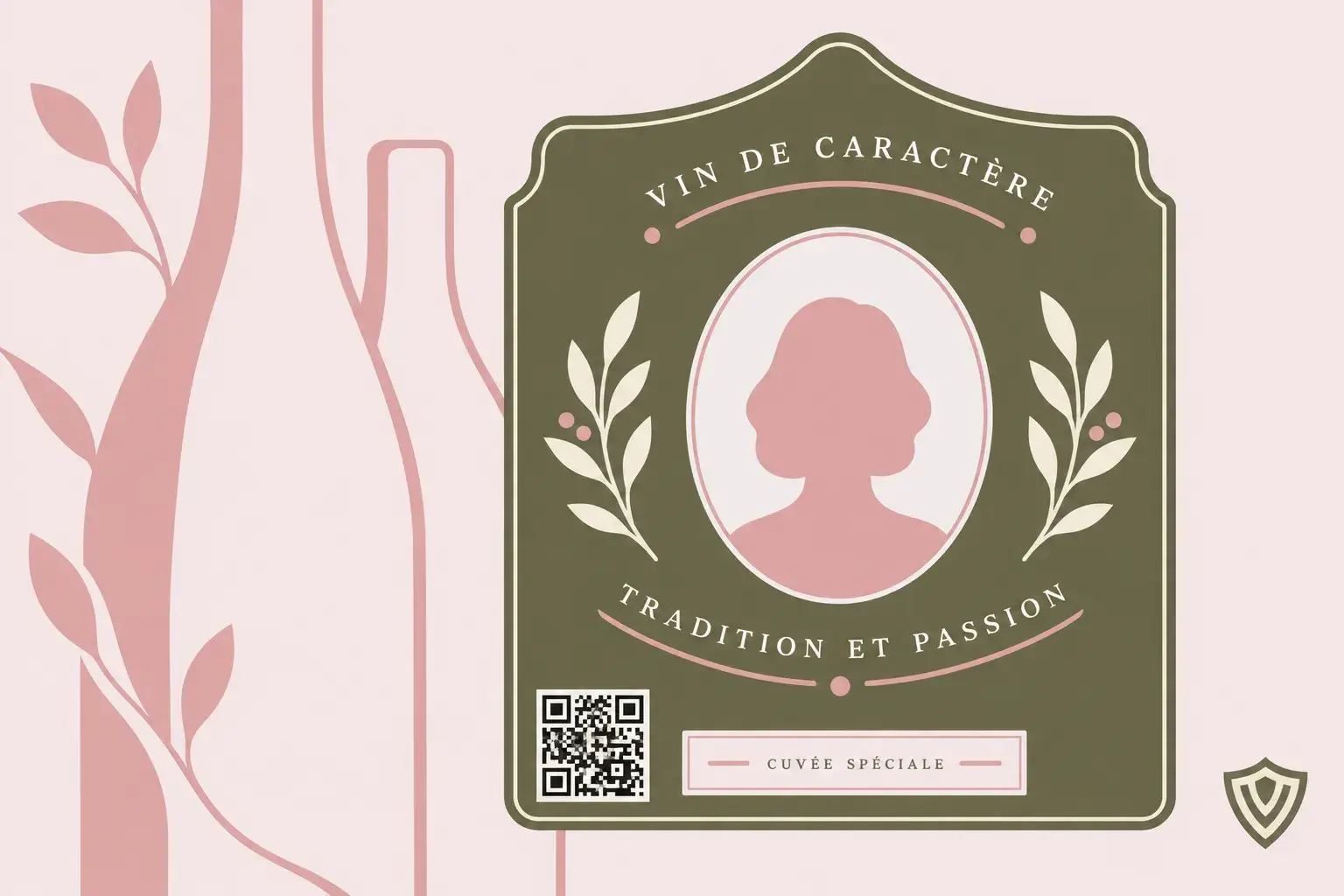 Gepersonaliseerd label in badgevorm met een profielsilhouet in het midden, versierd met bladeren en onderaan bij een QR-code