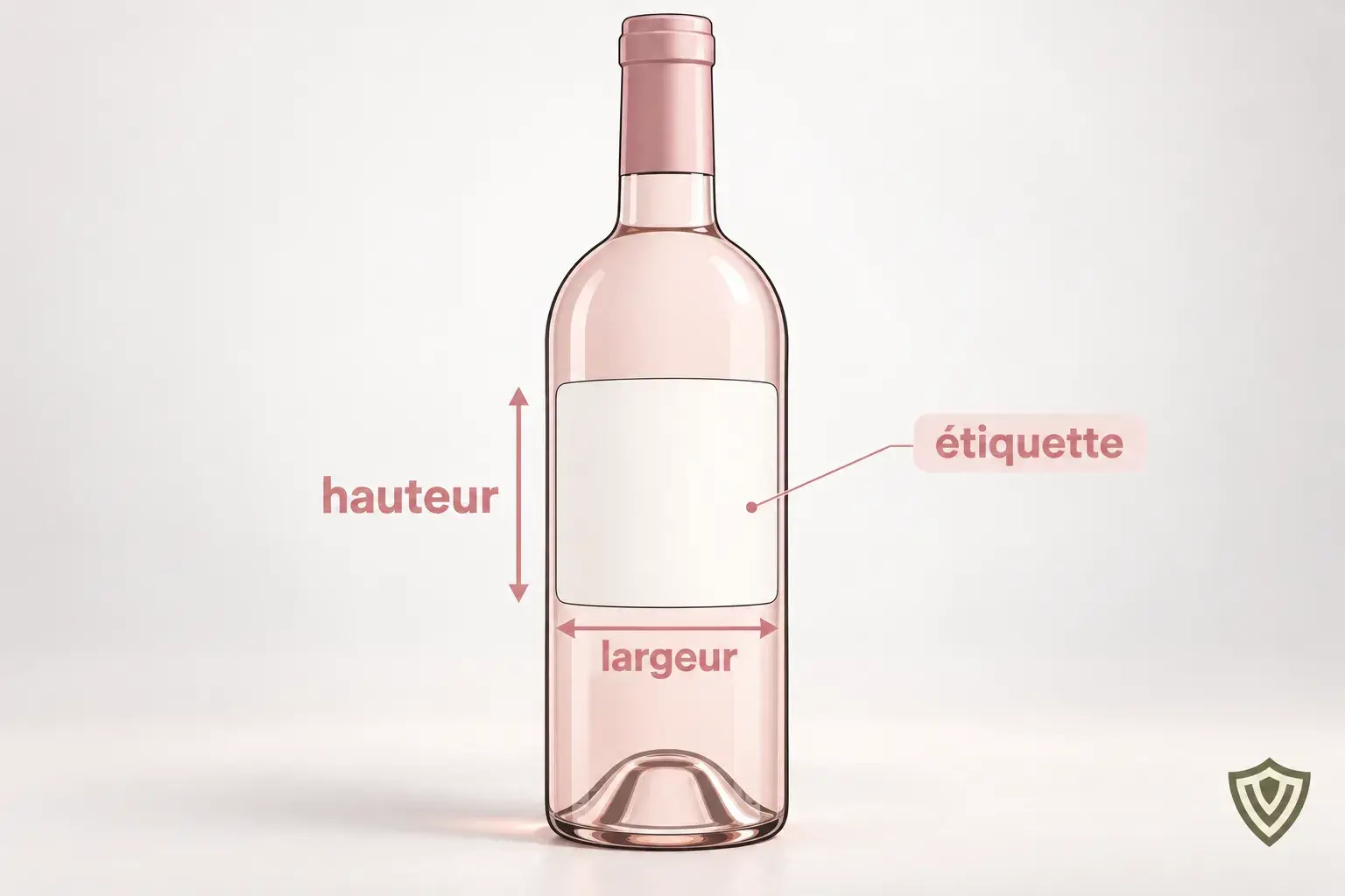 La bottiglia di vino rosato vista frontalmente con un'etichetta rettangolare bianca al centro e delle frecce che indicano l'altezza