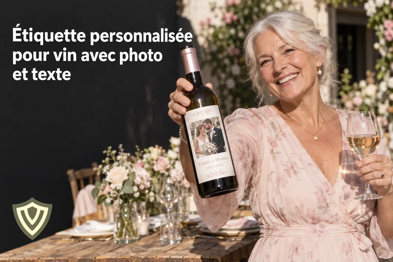 Una donna sorridente tiene in mano una bottiglia di vino personalizzata e un bicchiere, durante un pasto festivo.