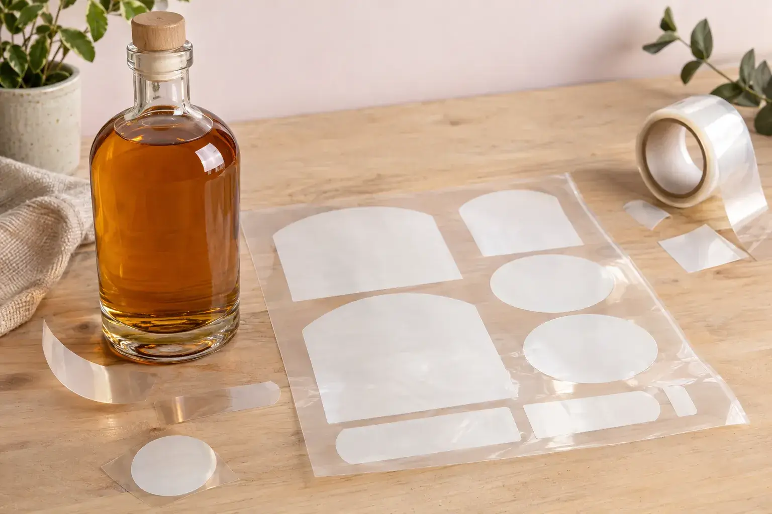 Assiettes et formes de papier autocollant transparent prêt à être apposé sur un flacon et décoré.