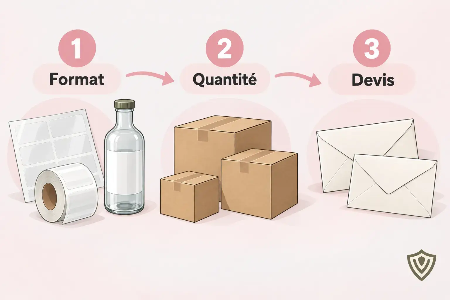 Imagen que muestra ejemplos de etiquetado con elementos de embalaje: una caja, botellas y cinta adhesiva a la izquierda
