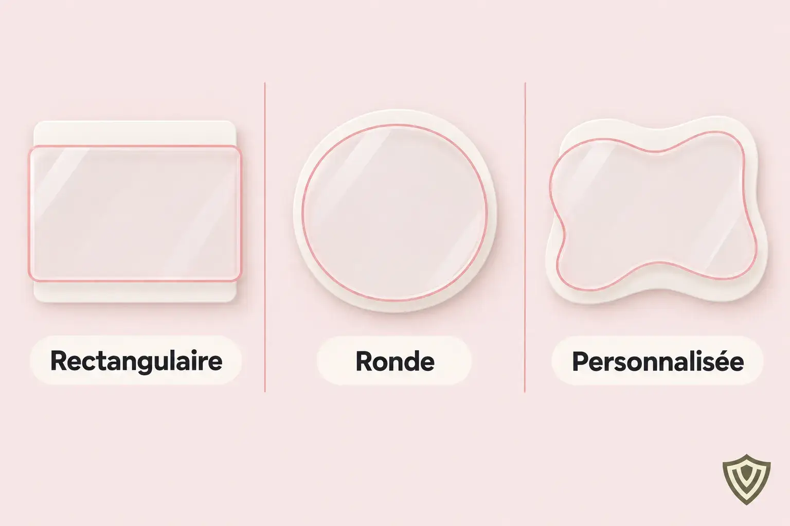 Tres etiquetas transparentes de forma rectangular, redonda y personalizada sobre un fondo rosa.