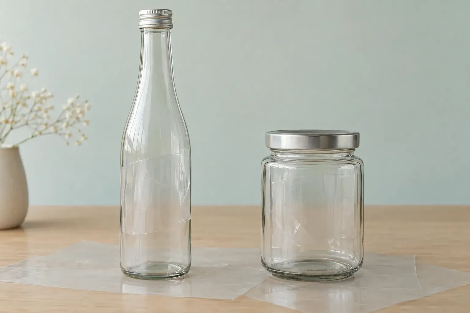 Two glass containers, an elongated bottle and a jar with a metal lid, covered with a transparent film.