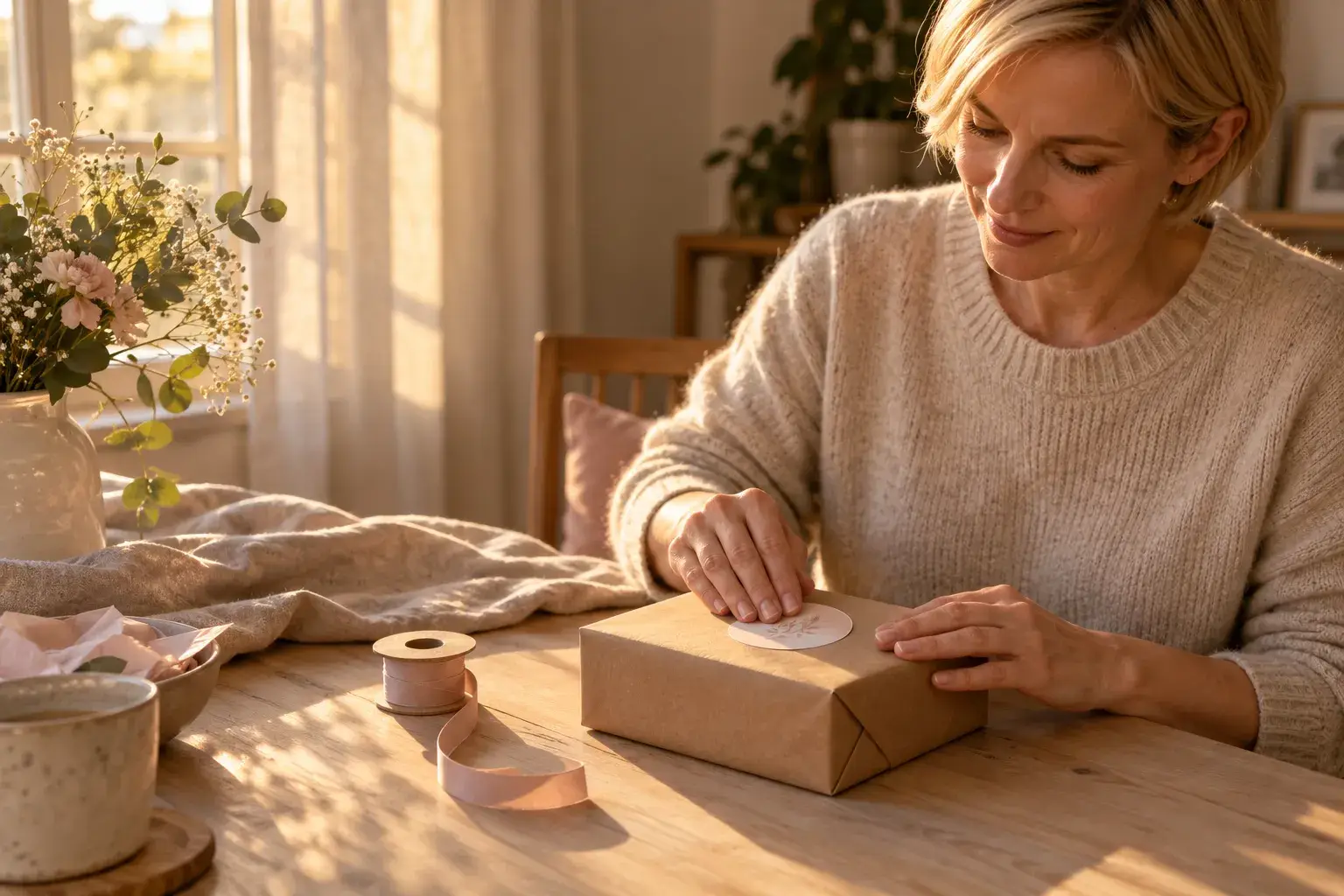 A woman writing a label on a wrapped gift on a brightly lit table.