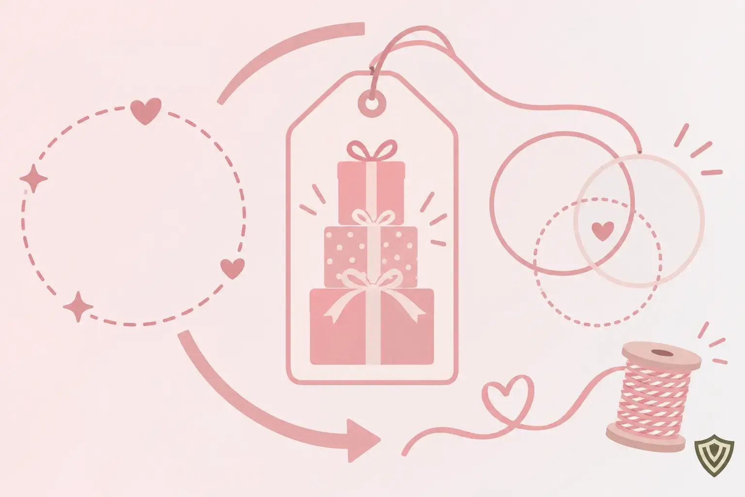 Rechthoekig cadeaulabel met bevestigd touwtje, met lintstijlen en cadeaupatronen.