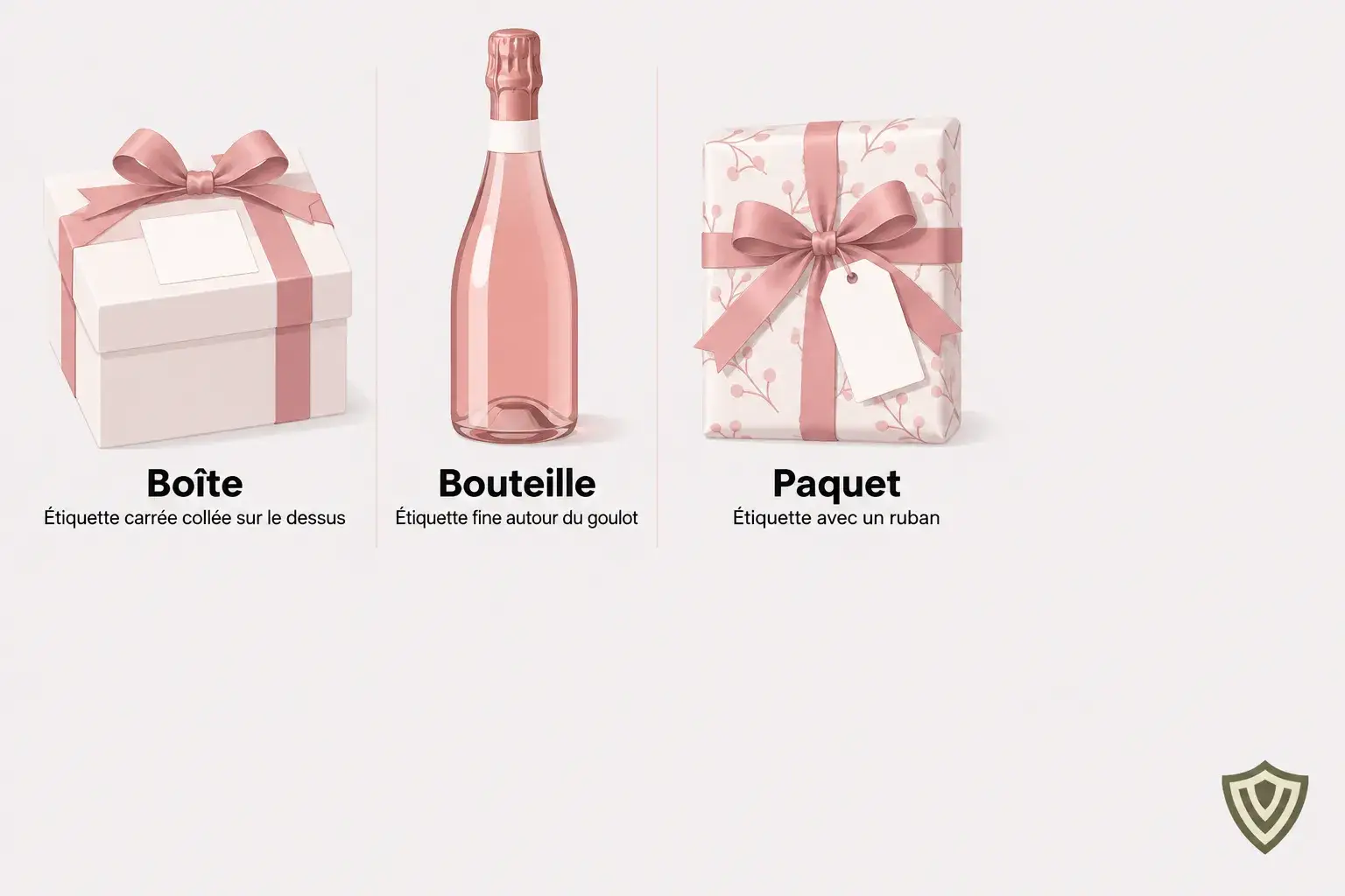 Tre esempi di confezioni regalo: una scatola con nastro, una bottiglia e un pacco incartato con nastro e tag.