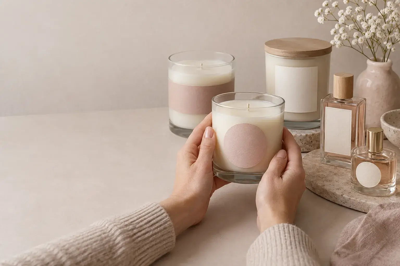 Twee handen houden een kaars in een glas vast, omringd door andere kaarsen en geurflacons op een beige ondergrond.