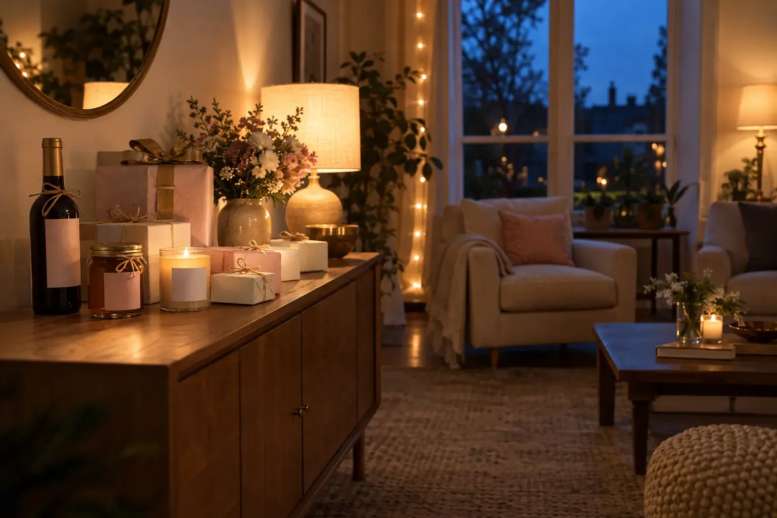Ein gemütliches Wohnzimmer mit Geschenken und Kerzen auf einem Holzsideboard.