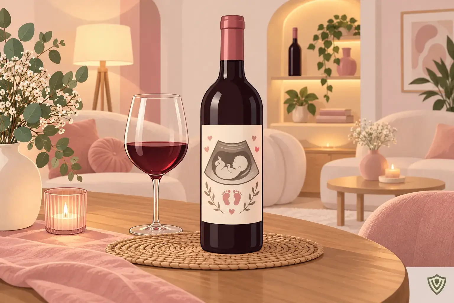 Bouteille de vin et verre de vin rouge posés sur une table rondes dans un salon chaleureux avec des plantes et des bougies.