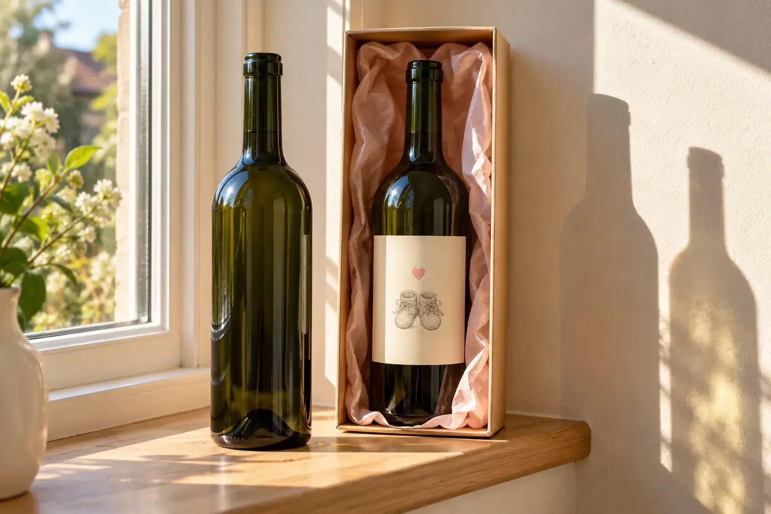 Deux bouteilles de vin, l’une debout et l’autre dans un coffret décoré, posées sur un rebord de fenêtre.