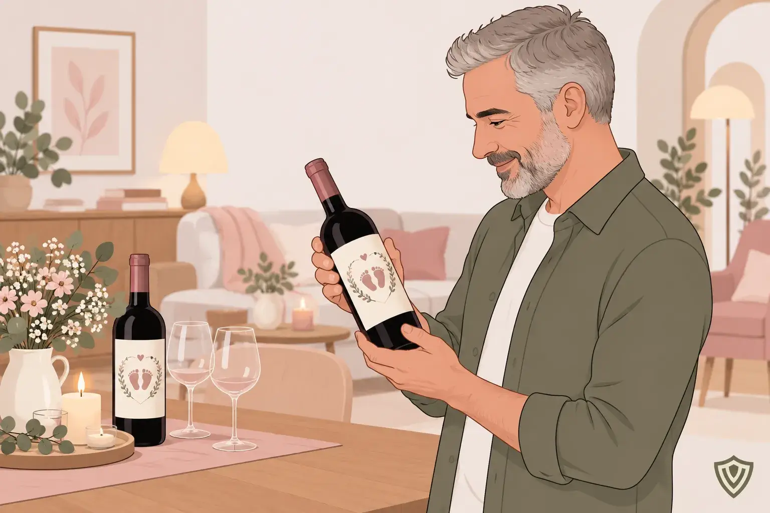 Un homme âgé verseur dépose une bouteille de vin sur une table décorée avec des fleurs et des verres à vin.