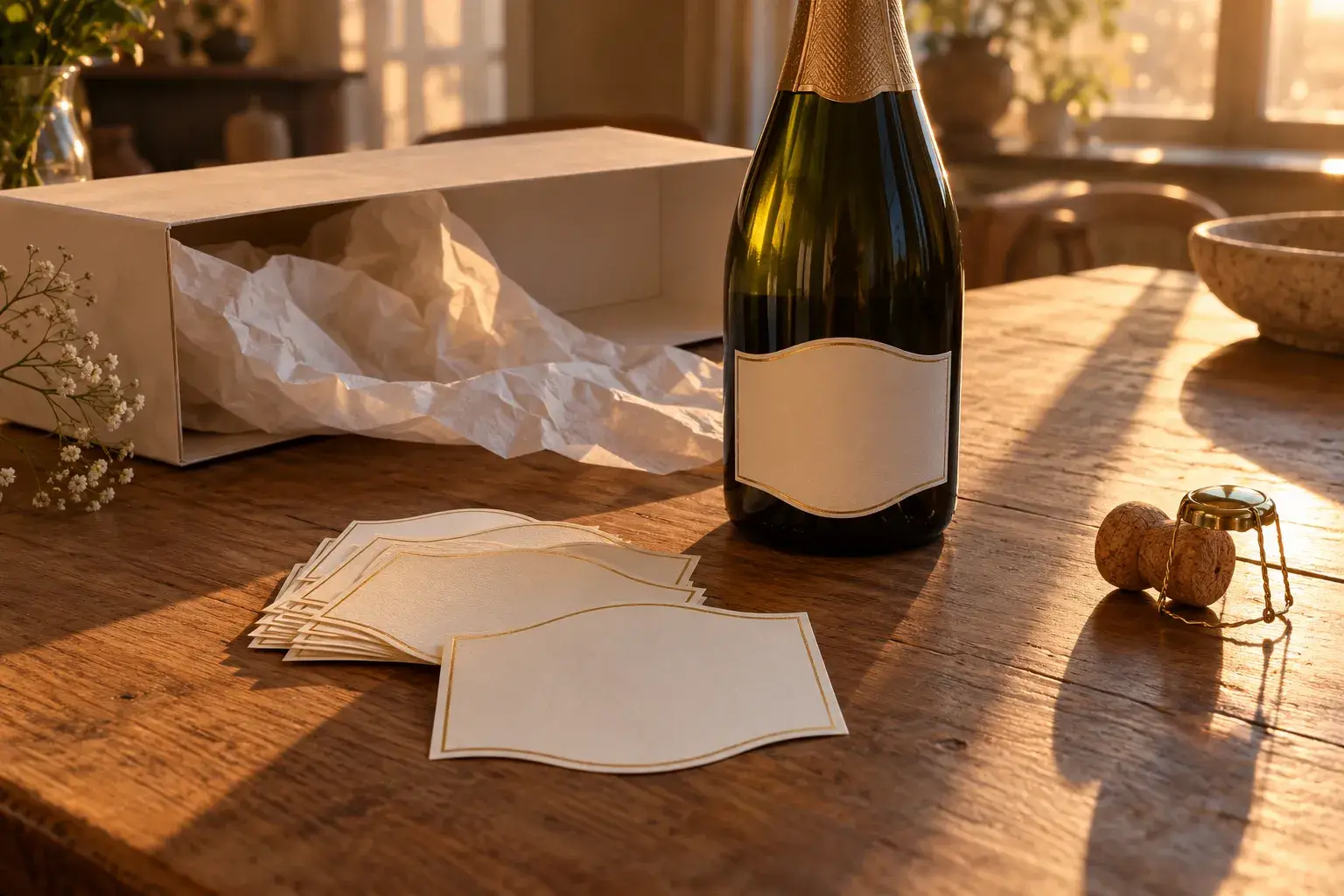 Étiquettes vierges posées sur une table en bois près d’une bouteille de champagne et d’un décor de paquet cadeau et bouchons.