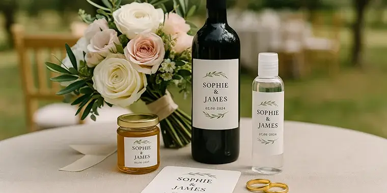 Personalisierte hochzeitsetiketten für flaschen und gastgeschenke