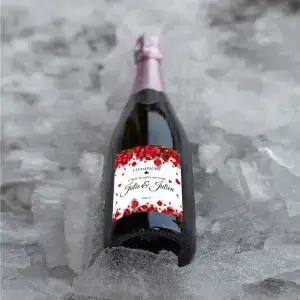 Personalized wedding label with red roses, square elegance