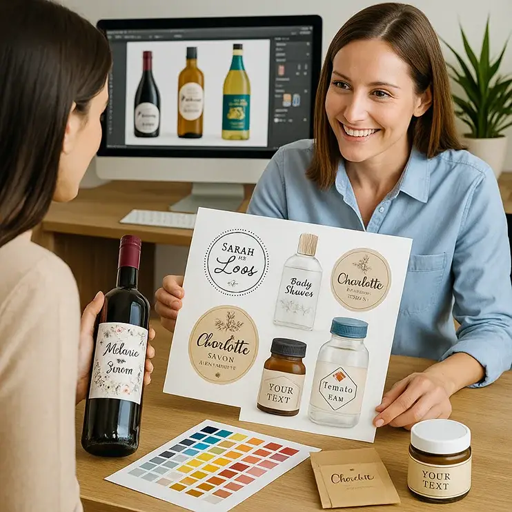 Ein engagiertes team, das Ihnen bei der umsetzung Ihrer personalisierten etiketten hilft