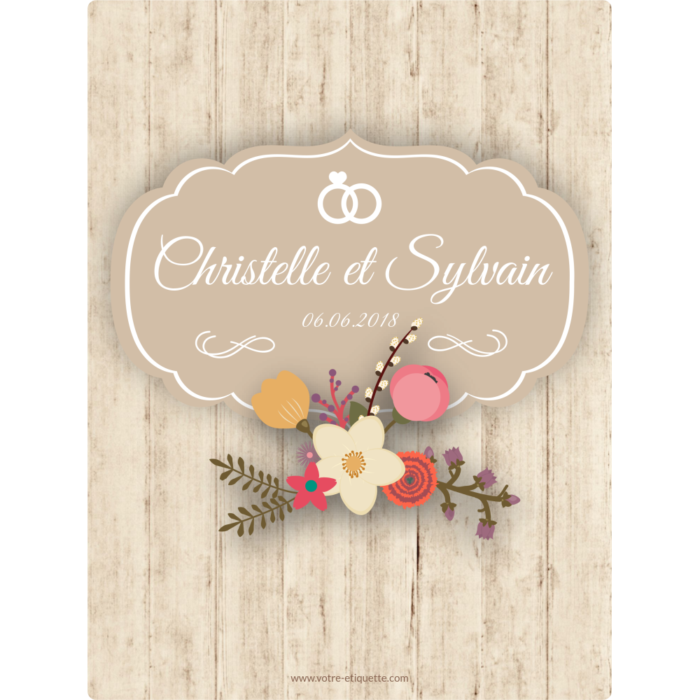 Personalized sticker label wood and flowers