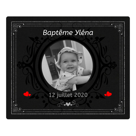 Personalized self-adhesive black label baptism and red hearts