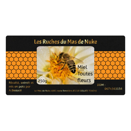 Personalized self-adhesive honey label with bee and honeycombs