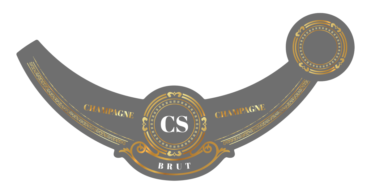 Personalized selfadhesive label with gray and gold champagne collar