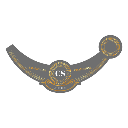 Personalized self-adhesive label with gray and gold champagne collar
