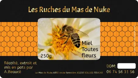 Étiquette personnalisée miel toutes fleurs en papier premium noir mat