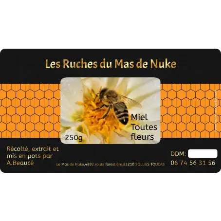 Étiquette personnalisée miel toutes fleurs en papier premium noir mat