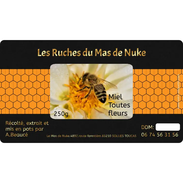 Étiquette personnalisée miel toutes fleurs en papier premium noir mat