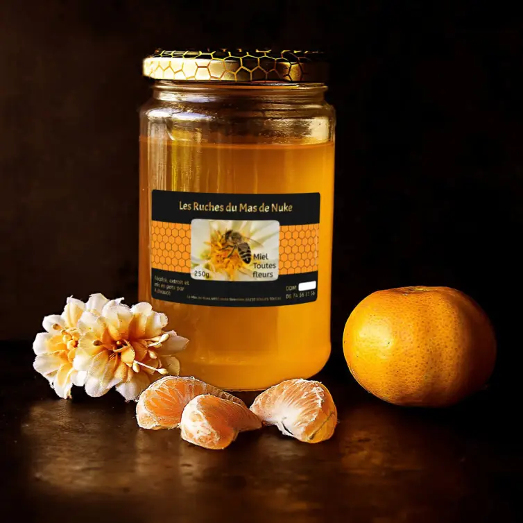 Étiquette personnalisée miel toutes fleurs en papier premium noir mat