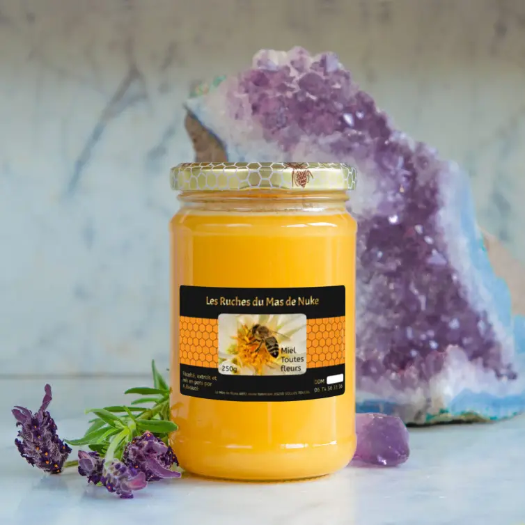 Étiquette personnalisée miel toutes fleurs en papier premium noir mat