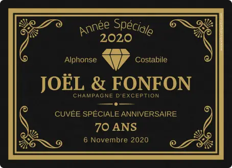Étiquette personnalisée champagne anniversaire, élégance dorée sur papier noir mat