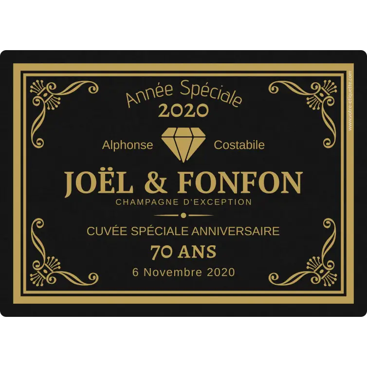 Custom anniversary champagne label, gold elegance on premium black matte paper