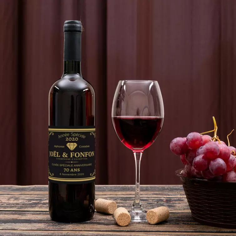 Custom anniversary champagne label, gold elegance on premium black matte paper