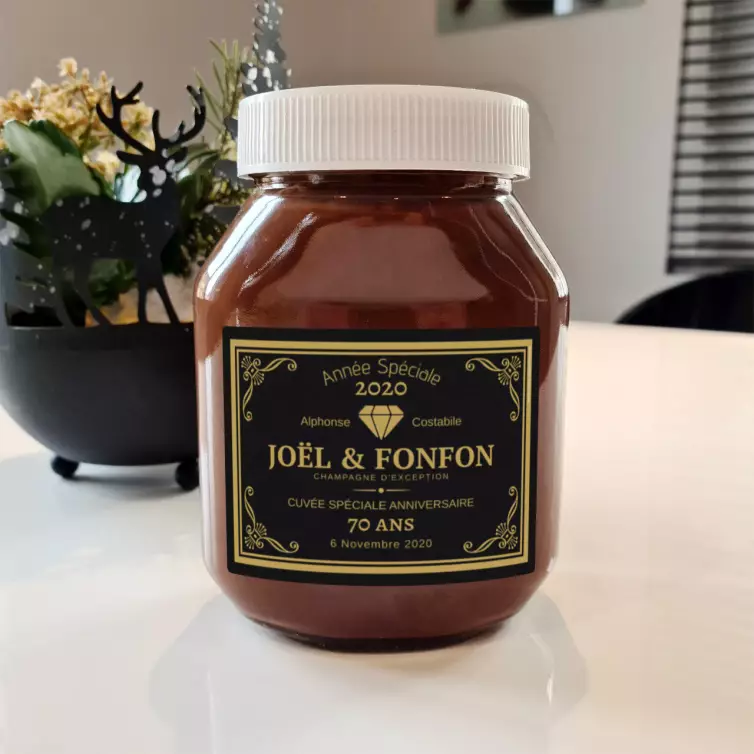 Custom anniversary champagne label, gold elegance on premium black matte paper