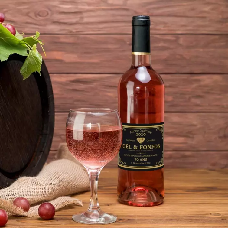 Custom anniversary champagne label, gold elegance on premium black matte paper