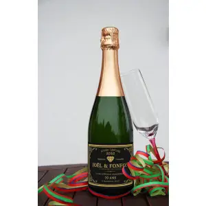 étiquette personnalisée champagne anniversaire, élégance dorée sur papier noir mat